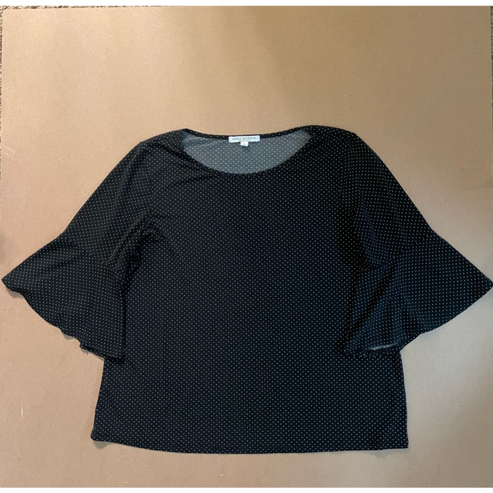 Green Envelope LA Black and White Polka Dot Blouse with Ruffle Sleeves